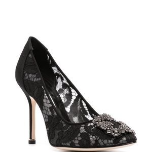 Manolo Blahnik Hangisi Lace Black Lace Jewel Buckle Pumps - Size 40.5